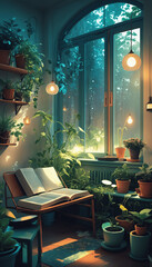 Lofi cozy room with window view of a forest, jungle, plants decor, books, anime, manga style. Hip-hop atmospheric lights.