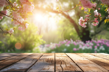 Sunlit cherry blossoms over rustic wooden table in serene garden