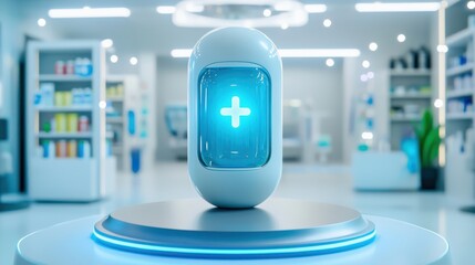 Futuristic healthcare robot in a modern pharmacy, featuring a glowing interface and sleek design.
