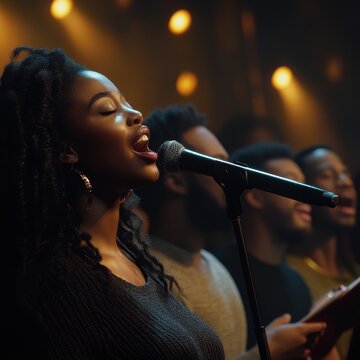 Female singer passionately performing with a choir in a vibrant, cozy atmosphere.