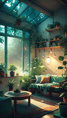 Lofi cozy room with window view of a forest, jungle, plants decor, books, anime, manga style. Hip-hop atmospheric lights.