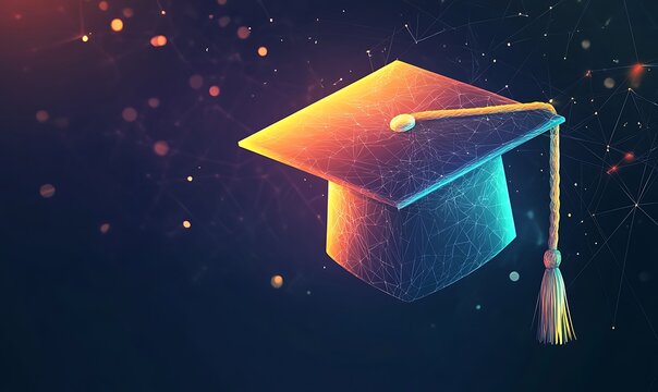 Low polygonal illustration of a glowing graduation cap on a dark background, Generative Ai
