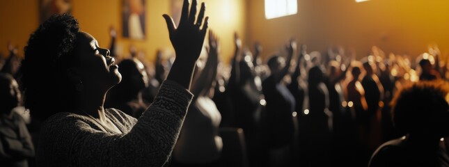 A Black woman worships with a congregation in a warm, uplifting atmosphere.