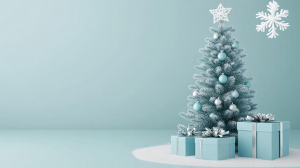A blue Christmas tree with white snowflakes on top and a star on top