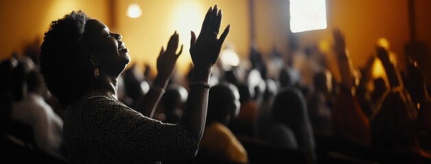 Black woman worshipping with raised hands in a vibrant church atmosphere.