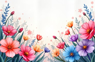 Colorful flowers in various shades of pink blue orange, purple bloom in spring scene. Artistic floral banner perfect for spring mothers day. Floral wallpaper background with space for text. Fresh