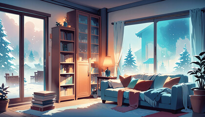 Calm lofi desk, interior. A cold winter evening. An empty study room with chill vibes. 4k wallpaper, background