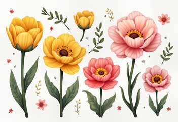 Pastel yellow, pink ranunculus flowers in flat lay style. Spring Mothers Day floral design elements. Isolated on transparent background. Beautiful delicate flowers. Fresh flowers with vibrant colors.