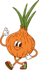 Cartoon groovy onion vegetable character cheerfully strolling. Isolated vector playful ripe farm veg personage with a cheerful expression, wearing sneakers and exudes funky, healthy eating vibes © Buch&Bee