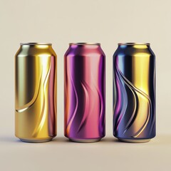 Fototapeta premium Three Colorful Soft Drink Cans in Smooth Metallic Finish