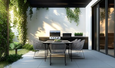  Terrace of modern home. Luxury outdoor table with chairs and built-in barbecue. Interior design. 3D rendering, 3D illustration, Generative Ai
