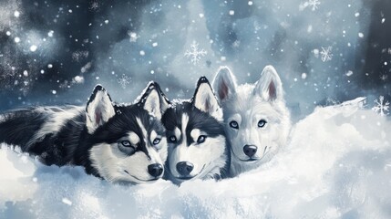 Three dogs are laying in the snow, with one of them looking at the camera