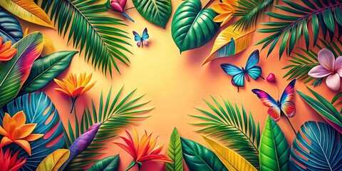 Naklejka premium Vibrant Tropical Paradise A Lush Arrangement of Exotic Flowers and Butterflies on a Warm Background