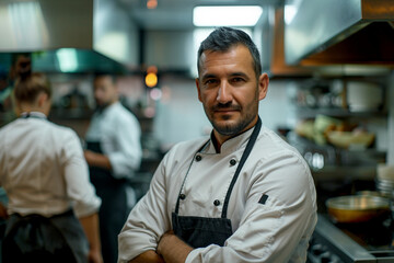 Fototapeta premium Generative AI Depiction of a Professional Male Chef Working in a Busy Restaurant Kitchen