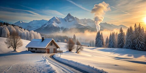 Serene winter landscape showcasing a snow-covered cabin nestled amidst a picturesque snowy mountain range at sunrise