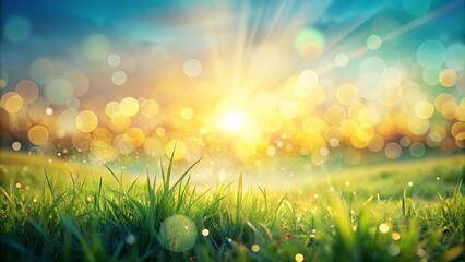 Obraz premium Golden Hour Meadow Vibrant Green Grass Under a Bright, Sparkling Sky