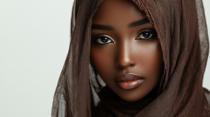 Naklejka premium A woman with dark hair and brown eyes is wearing a scarf