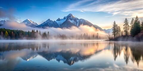 Serene sunrise over a tranquil lake mirroring majestic snow-capped mountains enveloped in a mystical fog