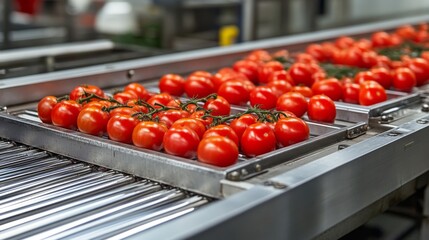 Red Tomatoes on a Conveyor Belt in a Food Processing Plant