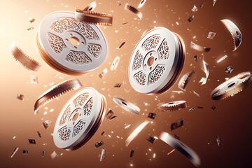 Dynamic Flying Film Reels with Sparks and Small Filmmaking Elements on a Golden Background for Creative and Artistic Projects in Media and Entertainment