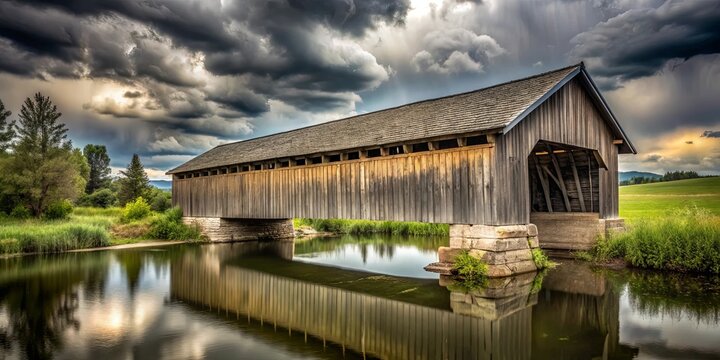 Rustic wooden covered bridge reflecting in calm water under dramatic stormy sky