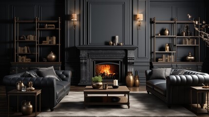 Timeless living room design featuring a black leather sofa and fireplace. Perfect blend of classic style and modern warmth.