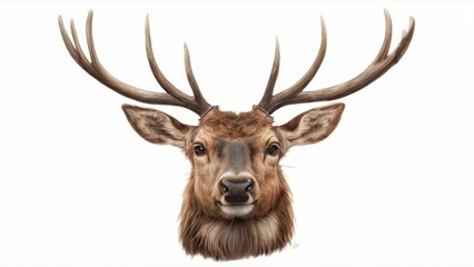Realistic digital illustration of a deer with large pointed antlers on white background. Eyes closed, mouth slightly open.