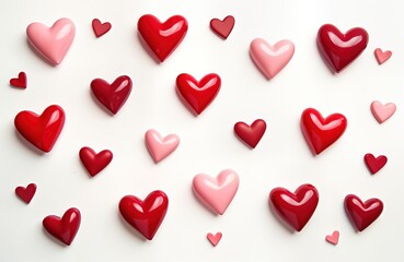 Flat lay Valentine Day design with various red, pink hearts. Colorful shapes arranged on white background. Creative layout for romantic holiday concept. Perfect for cards decorations. Love,
