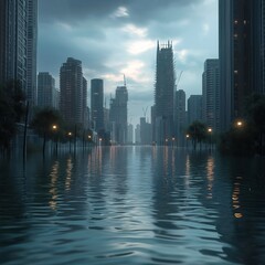 Fototapeta premium Flooded city street. High buildings stand around. Water covers road. Dark sky, cloudy weather. Eco disaster concept. City submerged under water. Urban area flooded due to sea level rise. Climate