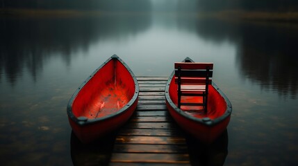 Red Canoes and Bench on Wooden Dock by Misty Lake