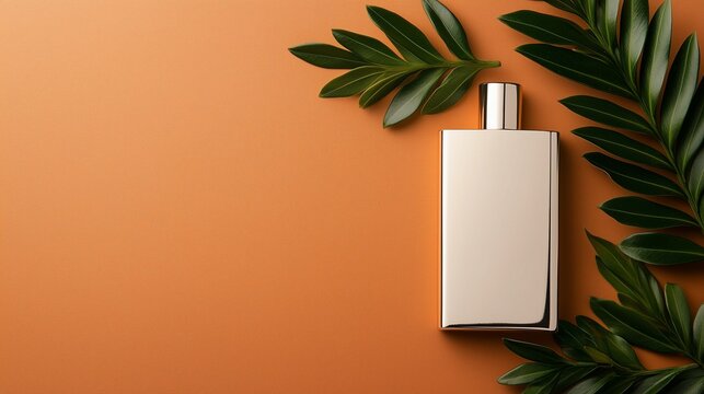 Rectangular Perfume Bottle and Green Leaves on Orange Background