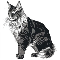 Fototapeta premium Detailed black-and-white illustration of a majestic Maine Coon cat sitting upright, showcasing intricate fur patterns and a regal pose, drawn with fine linework on a plain white background.