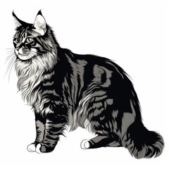 Fototapeta premium Detailed black-and-white illustration of a majestic Maine Coon cat sitting upright, showcasing intricate fur patterns and a regal pose, drawn with fine linework on a plain white background.