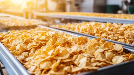 A Close-Up View of a Tray of Crunchy Cereal Flakes on a Conveyor Belt in a Food Production Facility