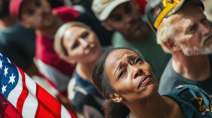 Fototapeta premium Emotionally charged group of diverse individuals looking up at a rally, holding an American flag.