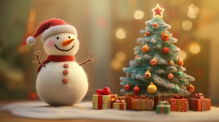 Christmas scene a wool snowman standing next to a felt Christmas tree, felt art style with bright holiday colors, christmas card for greeting