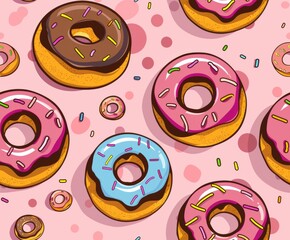 Vibrant pattern of golden donuts topped with glossy pink icing and colorful sprinkles, arranged on a playful pink background, ideal for sweet-themed designs.