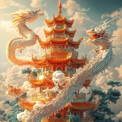 Fototapeta premium Majestic Dragon Coiling Around Traditional Asian Pagoda Landscape