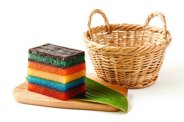 Obraz premium Rainbow Layered Cake On Wooden Board Beside Basket