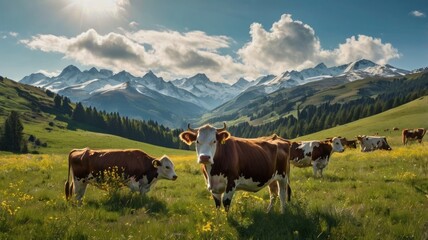 Obraz premium Cows graze in a lush alpine meadow with majestic snow-capped mountains in the background under a bright sunny sky.