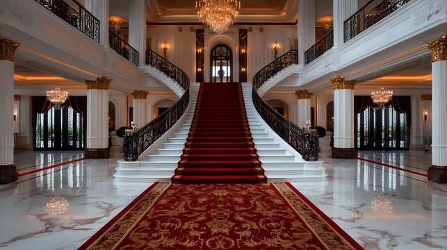 Grand Mansion's Opulent Entrance Hall with a Majestic Staircase