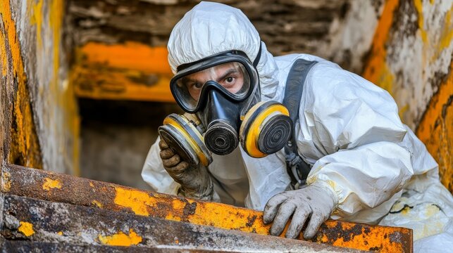 Worker in Protective Gear:Adhering to NF X 46 020-Asbestos Inspection.Concept of Safety,health,hazard identification,industrial hygiene,Environmental health and safety, asbestos abatement.