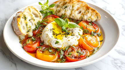 Fresh Burrata with Heirloom Tomatoes and Basil Oil, Italian Appetizer Photography