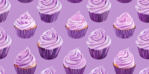 Seamless pattern of purple frosted cupcakes with rich swirls of icing, accented by scattered berry-like decorations, displayed on a vibrant lilac background for dessert-inspired designs.