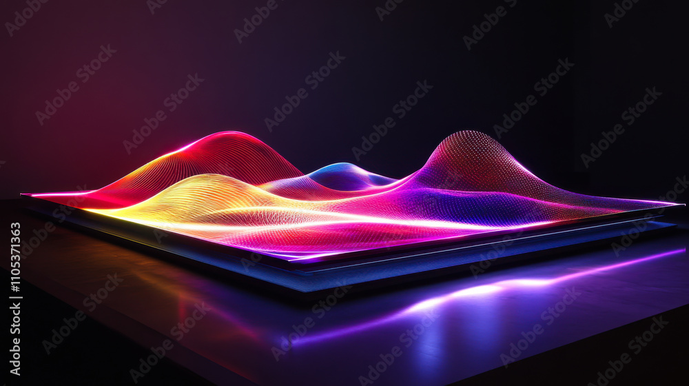 Poster colorful wave patterns illuminated in a dark space create a mesmerizing visual display of light and 