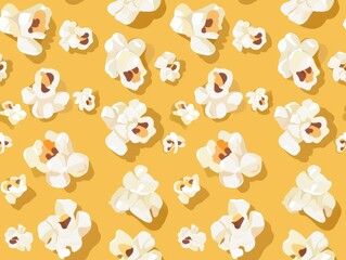 Seamless pattern of fluffy white popcorn kernels scattered on a cheerful yellow background, creating a playful design perfect for snack-themed or cinematic illustrations.