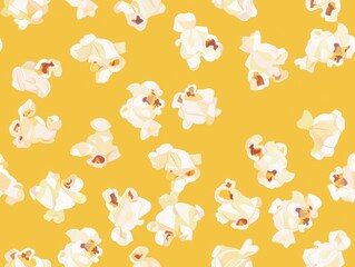 Fototapeta premium Seamless pattern of fluffy white popcorn kernels scattered on a cheerful yellow background, creating a playful design perfect for snack-themed or cinematic illustrations.