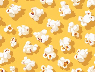 Seamless pattern of fluffy white popcorn kernels scattered on a cheerful yellow background, creating a playful design perfect for snack-themed or cinematic illustrations.