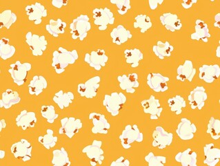Seamless pattern of fluffy white popcorn kernels scattered on a cheerful yellow background, creating a playful design perfect for snack-themed or cinematic illustrations.