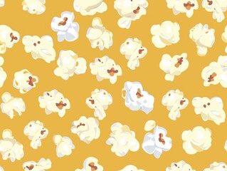 Obraz premium Seamless pattern of fluffy white popcorn kernels scattered on a cheerful yellow background, creating a playful design perfect for snack-themed or cinematic illustrations.